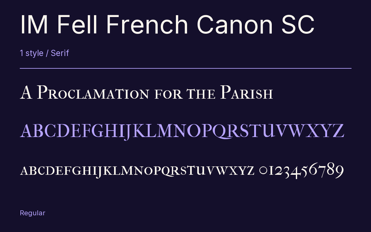 IM Fell French Canon SC type specimen with letters and figures