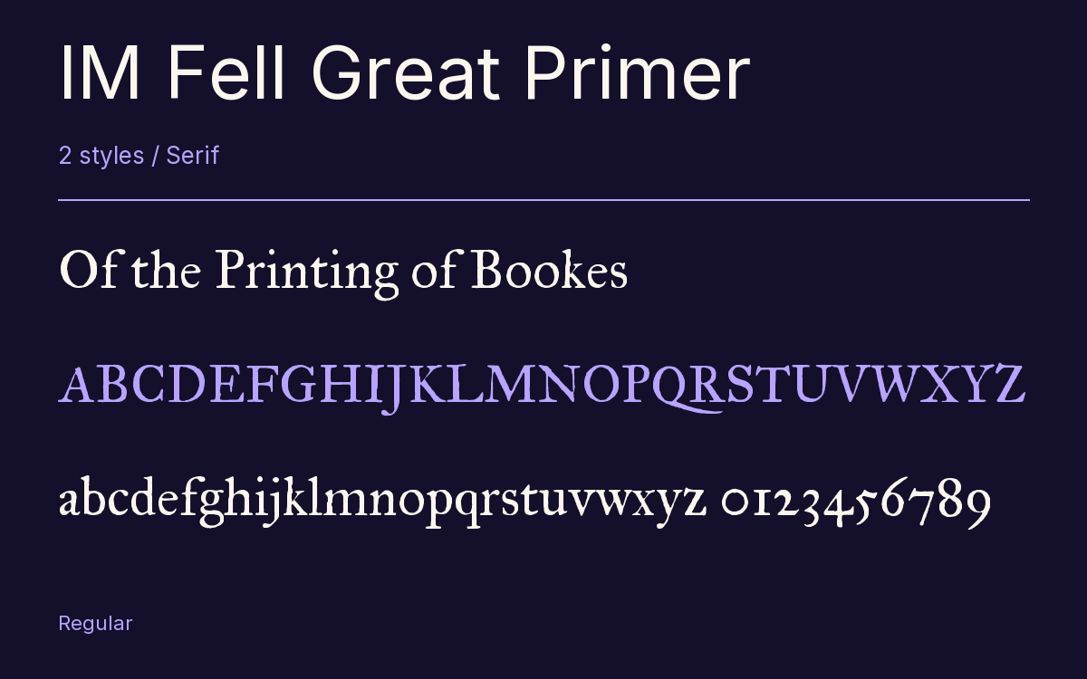 IM Fell Great Primer type specimen with letters and figures