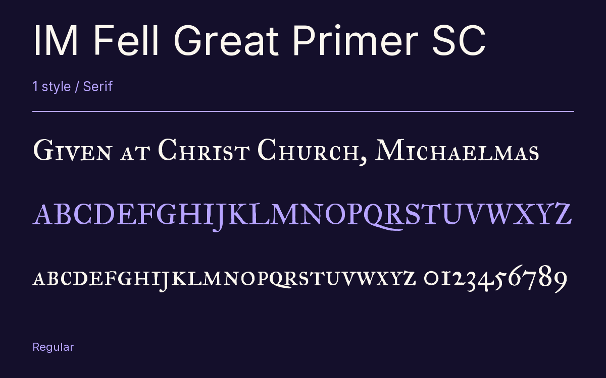 IM Fell Great Primer SC type specimen with letters and figures