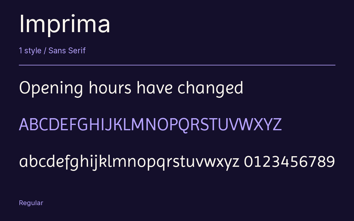 Imprima type specimen with letters and figures