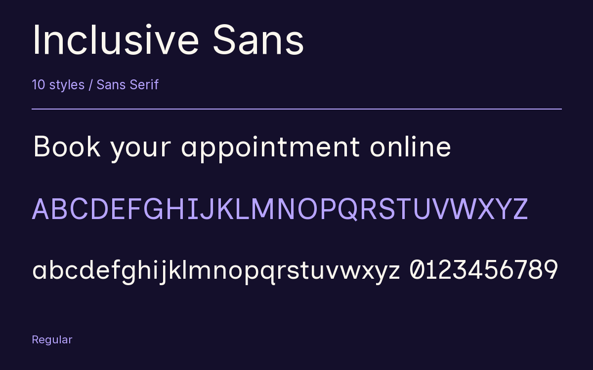 Inclusive Sans type specimen with letters and figures