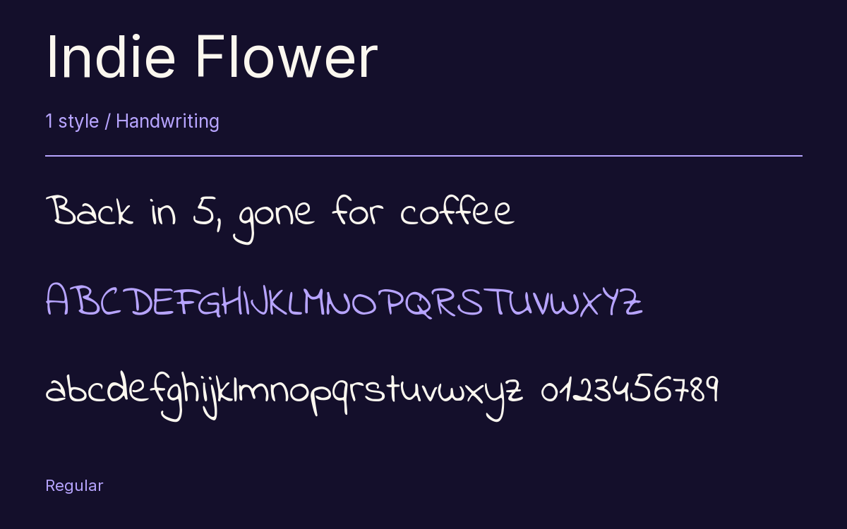 Indie Flower type specimen with letters and figures