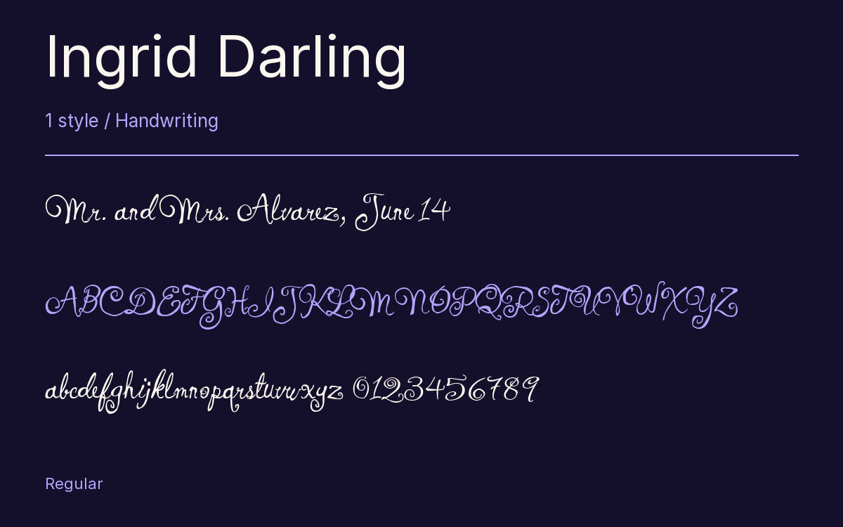 Ingrid Darling type specimen with letters and figures