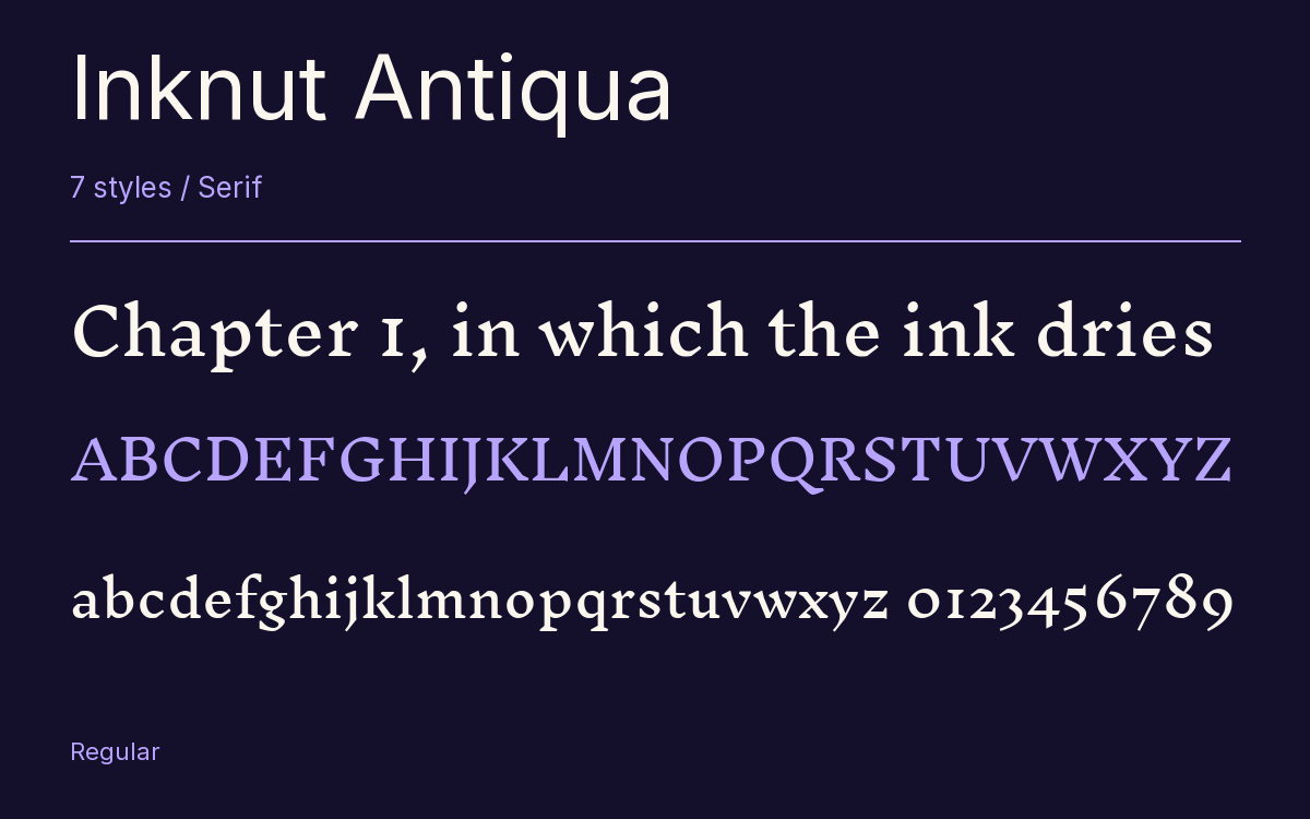 Inknut Antiqua type specimen with letters and figures
