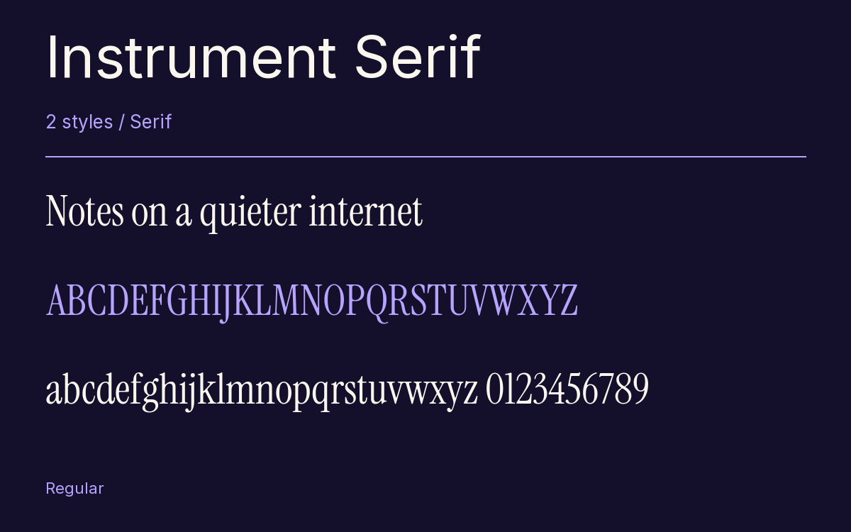 Instrument Serif type specimen with letters and figures