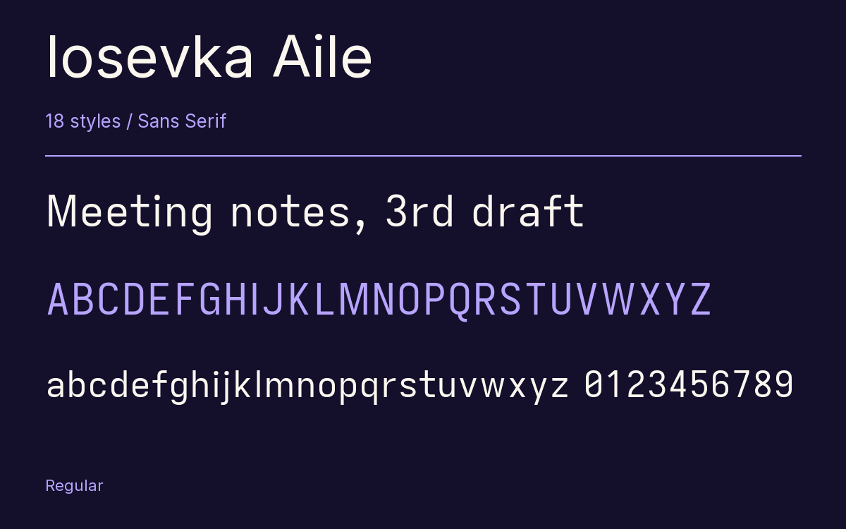 Iosevka Aile type specimen with letters and figures