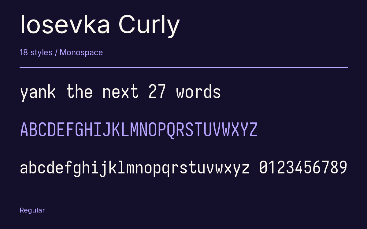 Iosevka Curly type specimen with letters and figures
