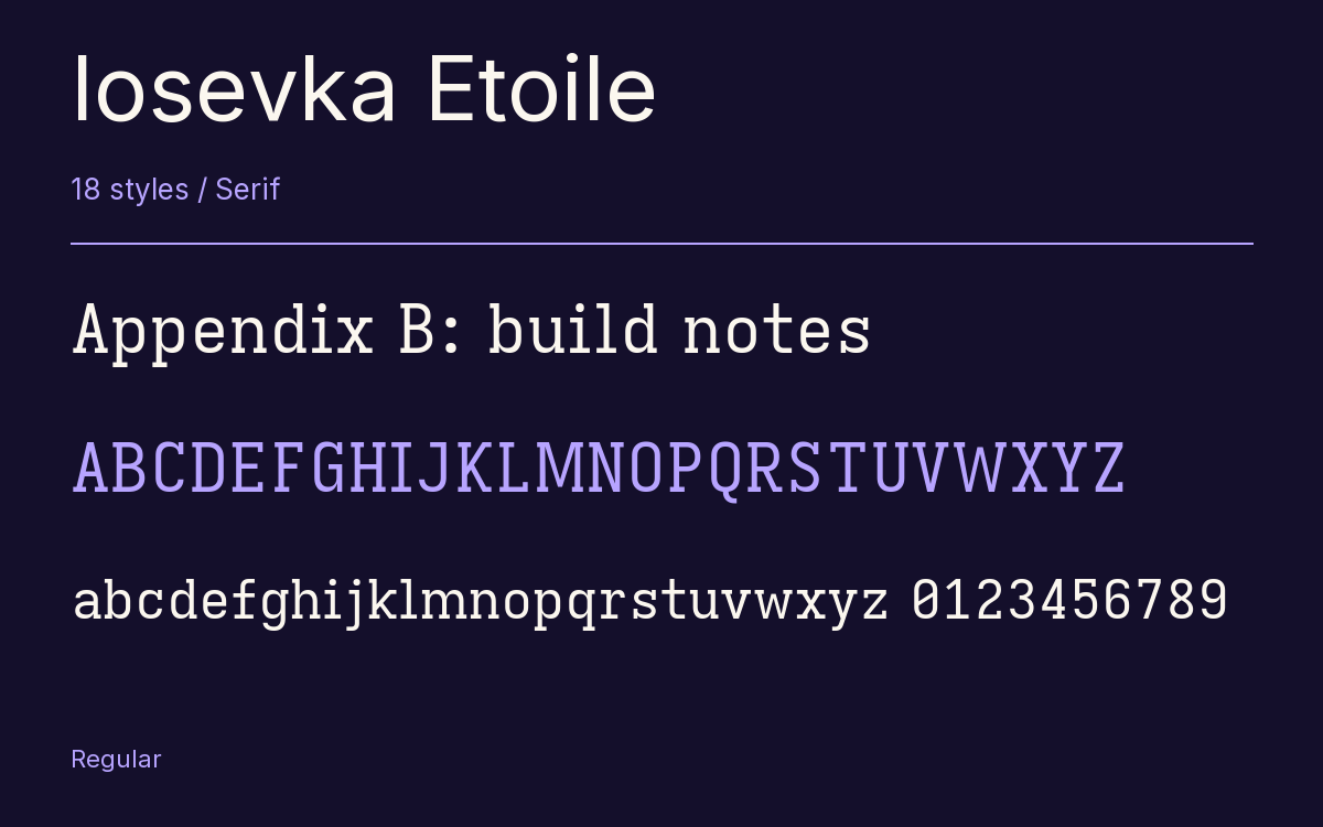 Iosevka Etoile type specimen with letters and figures