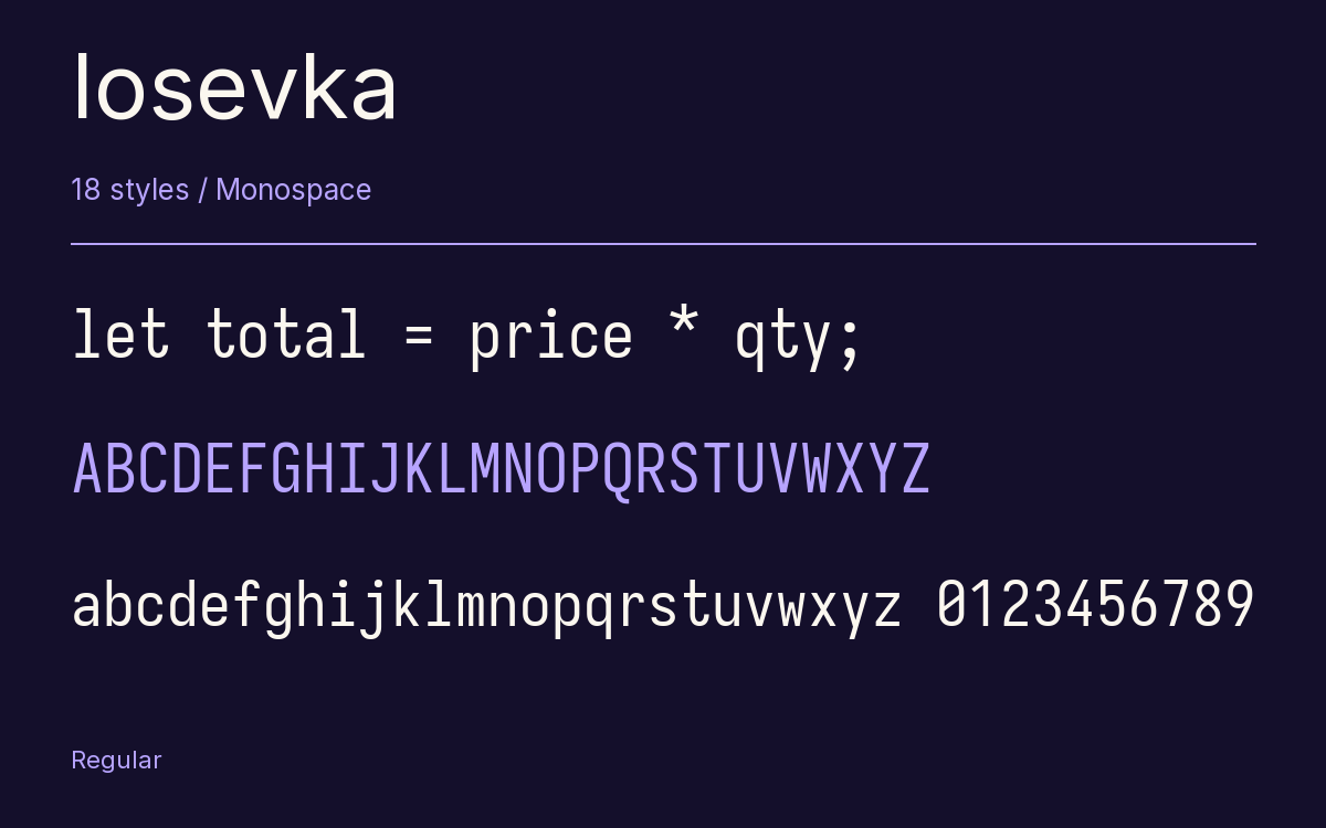 Iosevka type specimen with letters and figures