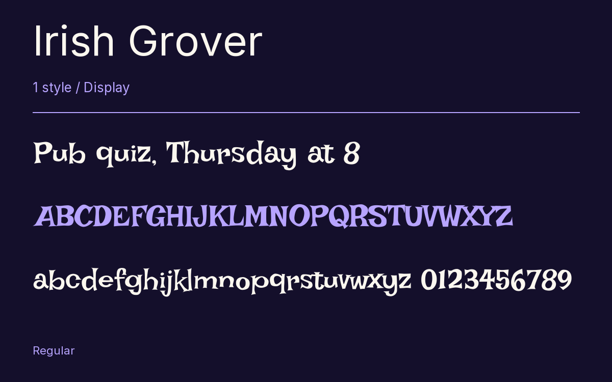Irish Grover type specimen with letters and figures