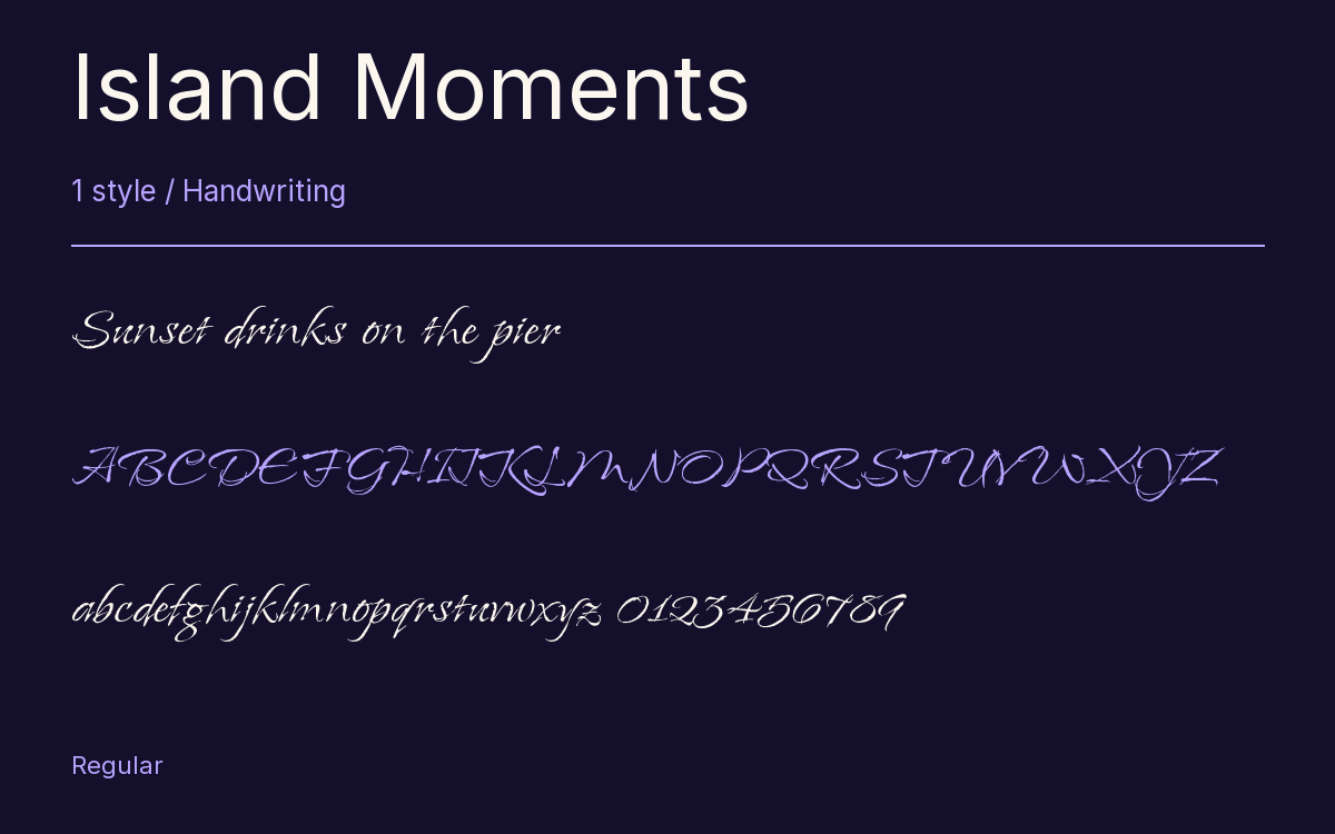 Island Moments type specimen with letters and figures