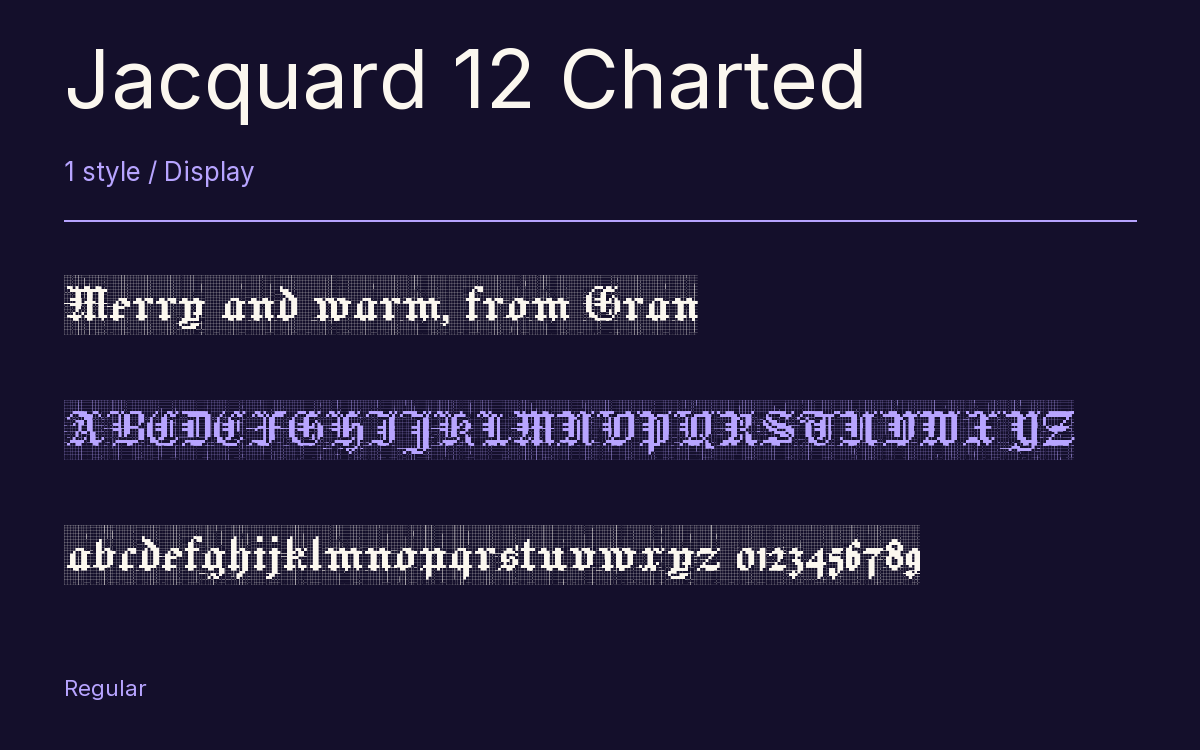 Jacquard 12 Charted type specimen with letters and figures