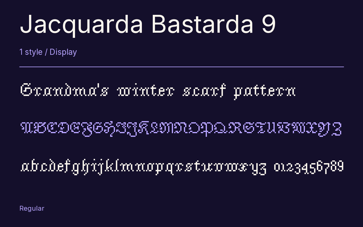 Jacquarda Bastarda 9 type specimen with letters and figures
