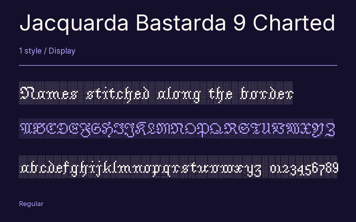 Jacquarda Bastarda 9 Charted type specimen with letters and figures