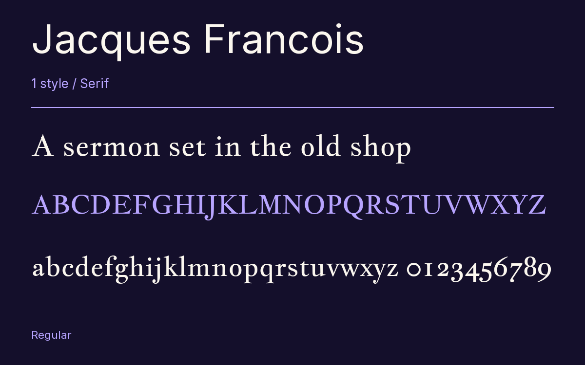Jacques Francois type specimen with letters and figures