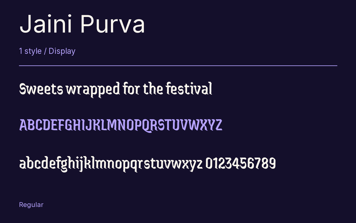 Jaini Purva type specimen with letters and figures