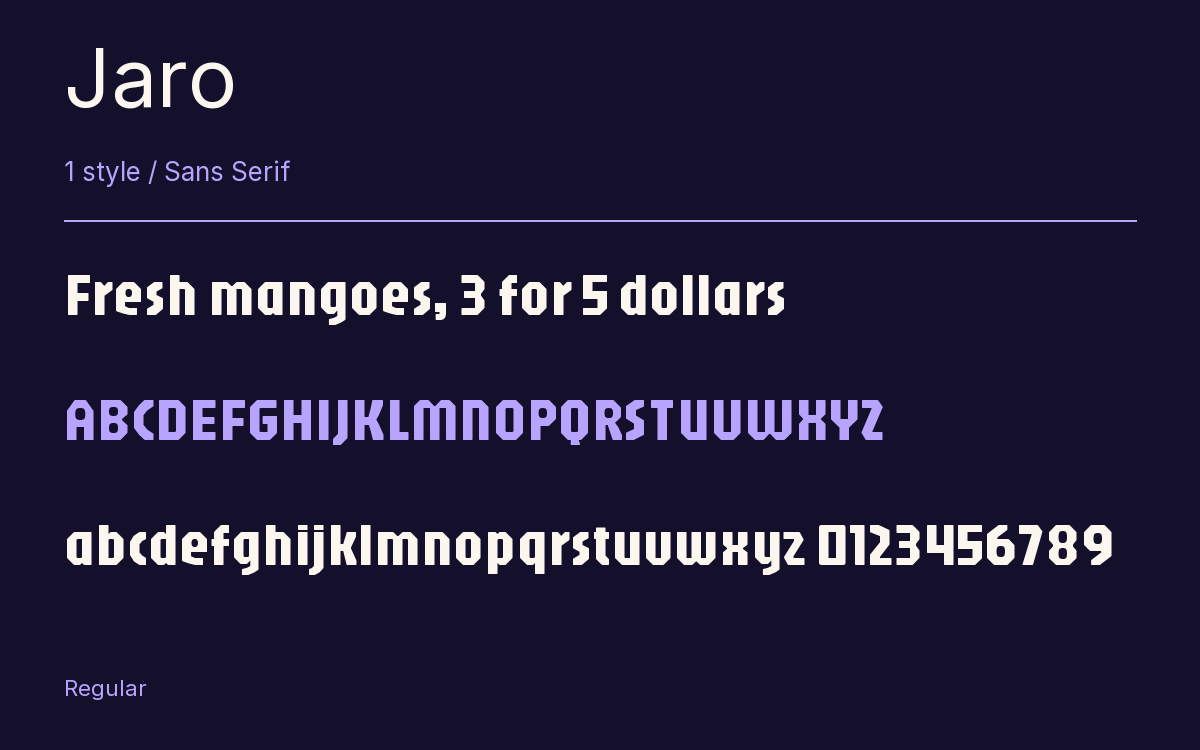 Jaro type specimen with letters and figures