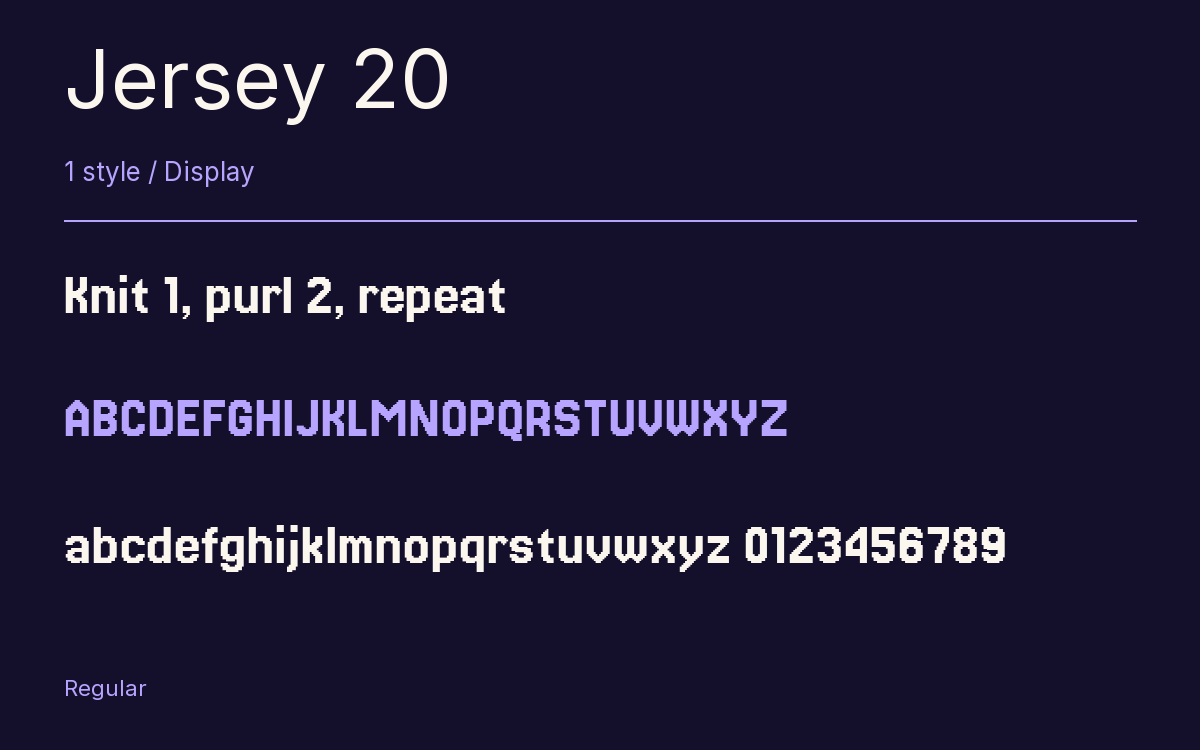 Jersey 20 type specimen with letters and figures