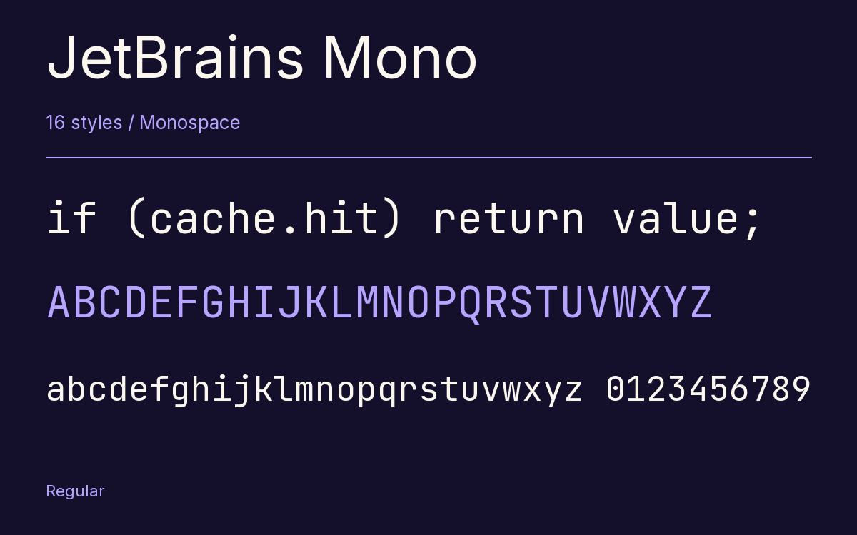 JetBrains Mono type specimen with letters and figures