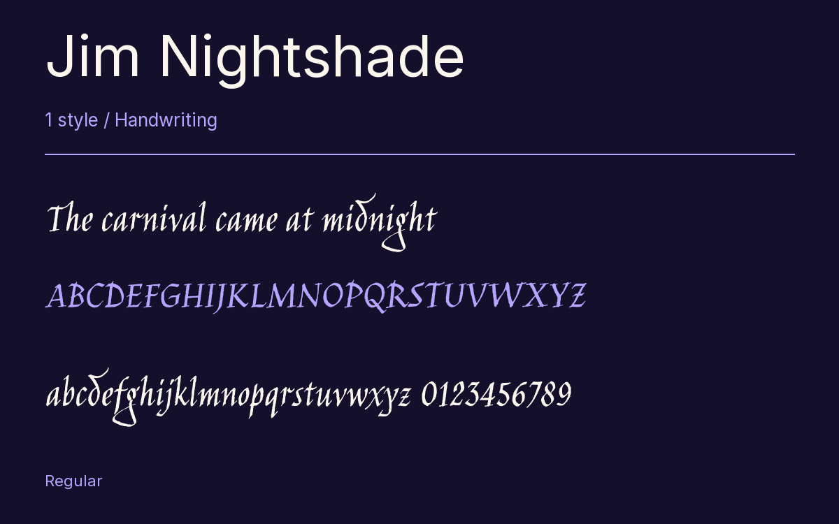 Jim Nightshade type specimen with letters and figures