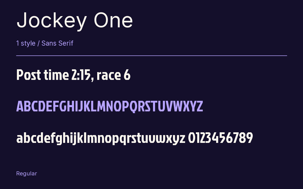Jockey One type specimen with letters and figures