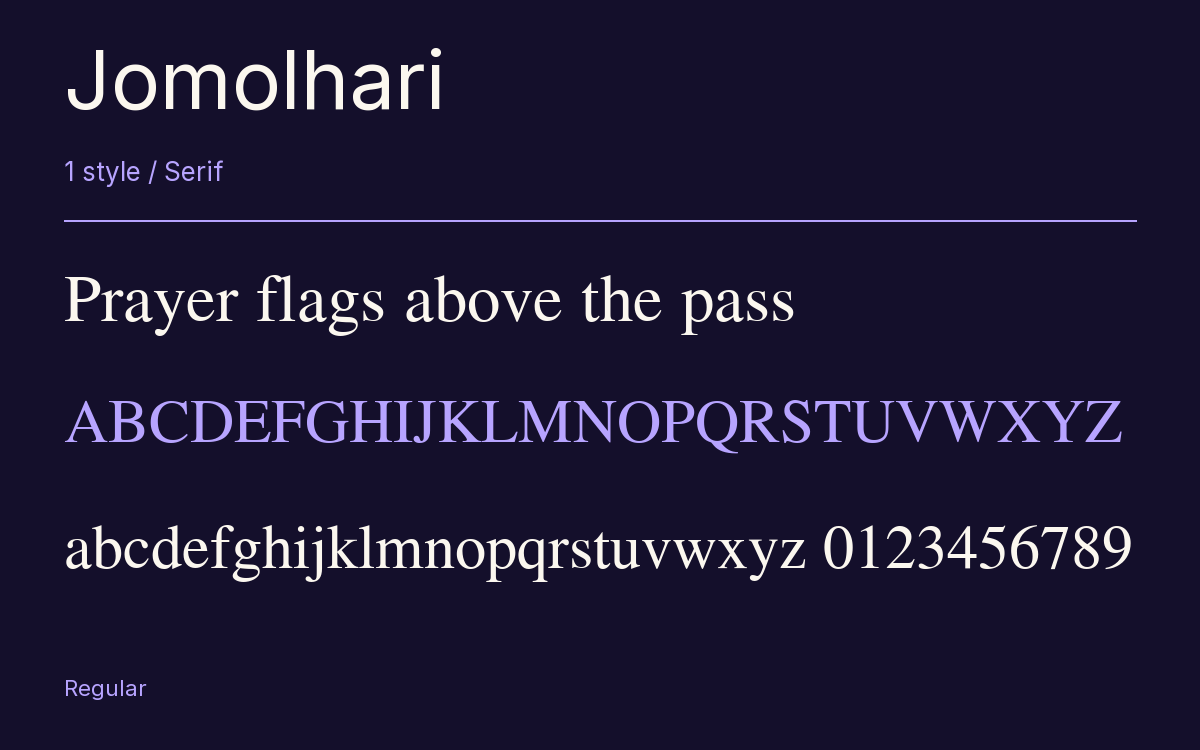 Jomolhari type specimen with letters and figures