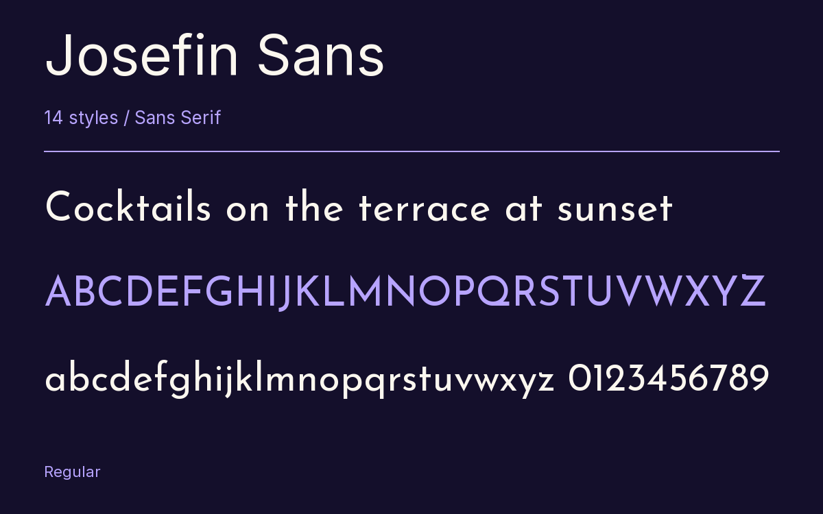 Josefin Sans type specimen with letters and figures
