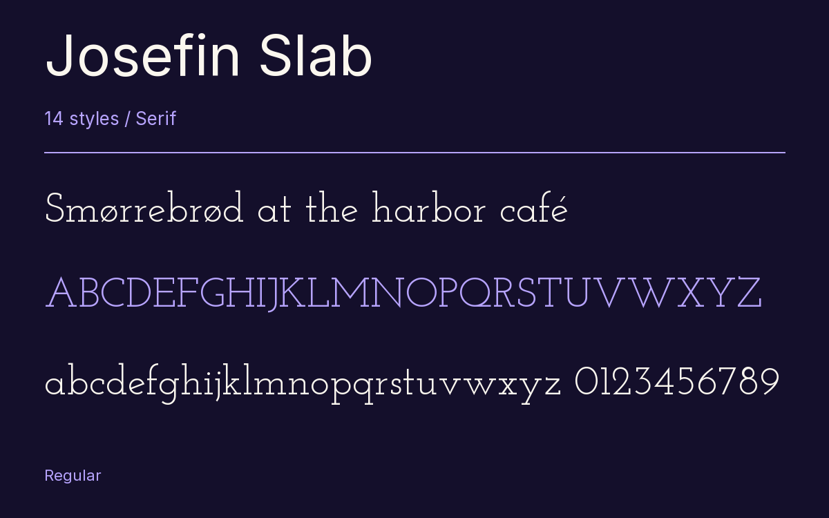 Josefin Slab type specimen with letters and figures