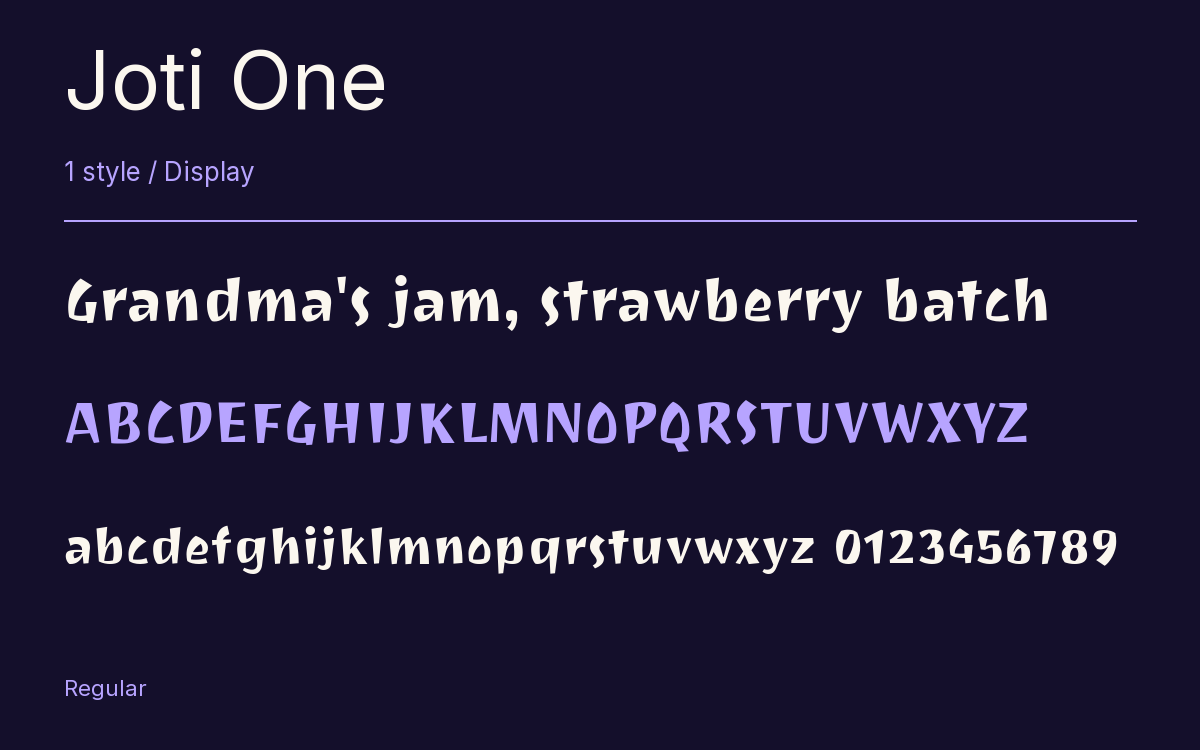 Joti One type specimen with letters and figures