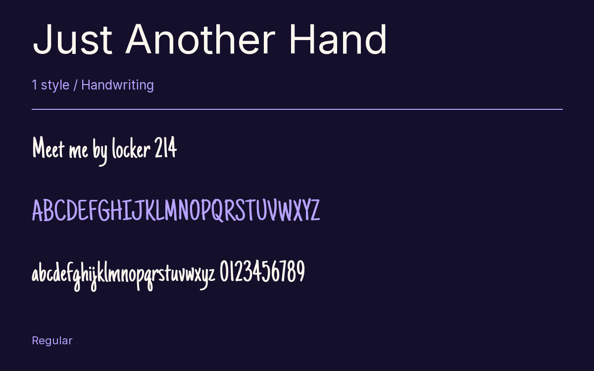 Just Another Hand type specimen with letters and figures