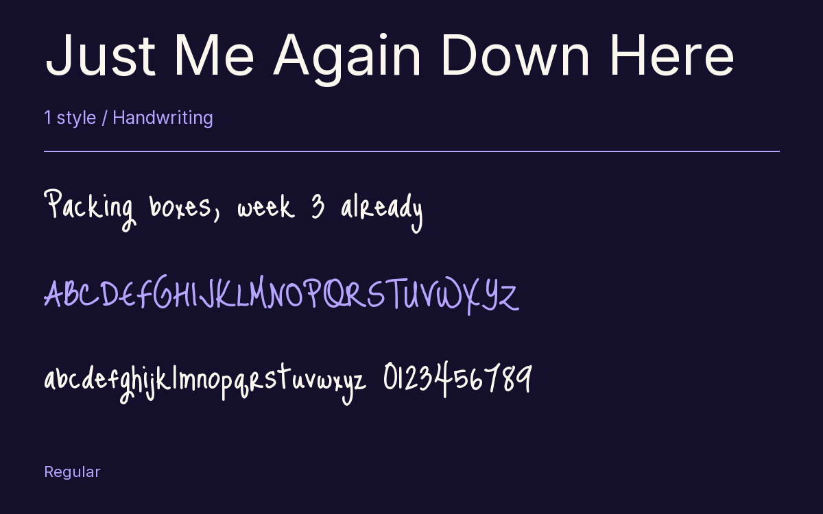 Just Me Again Down Here type specimen with letters and figures