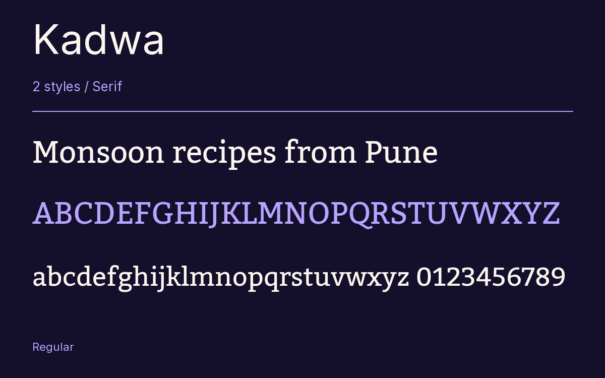 Kadwa type specimen with letters and figures