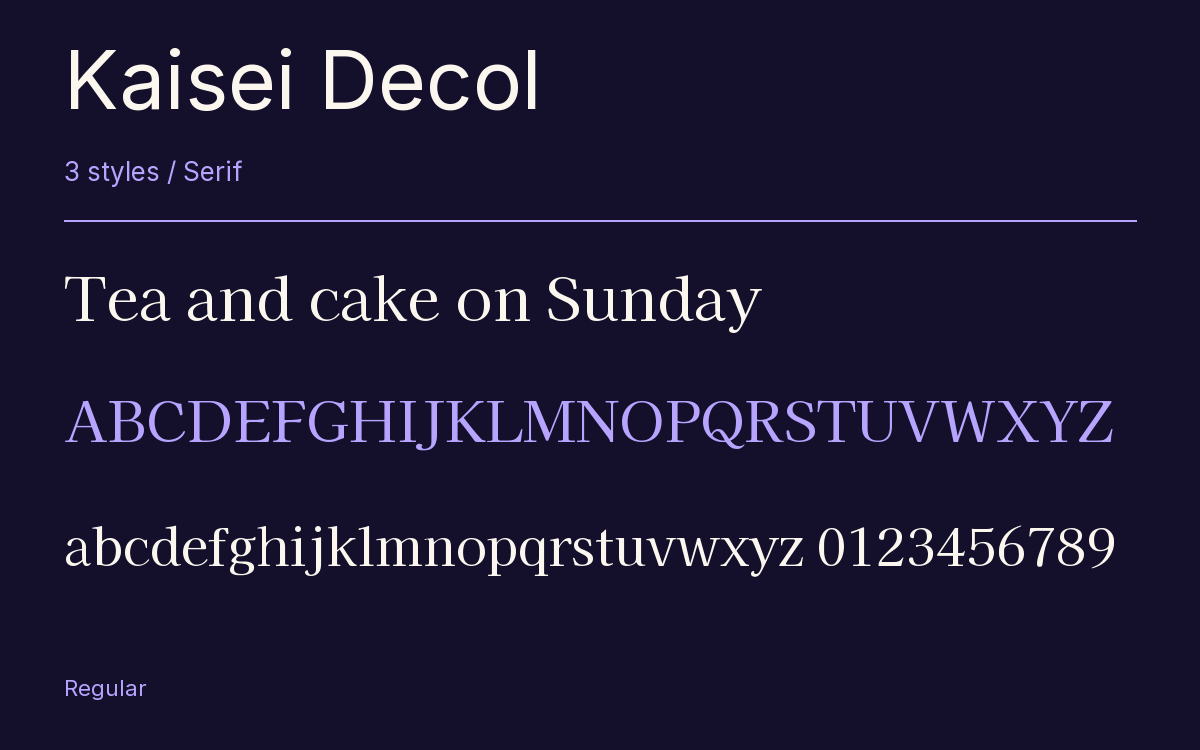 Kaisei Decol type specimen with letters and figures