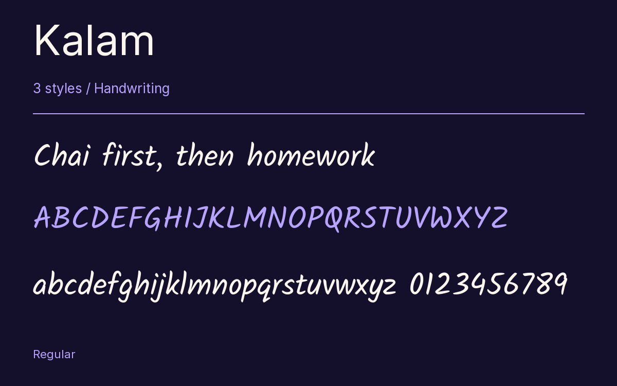 Kalam type specimen with letters and figures