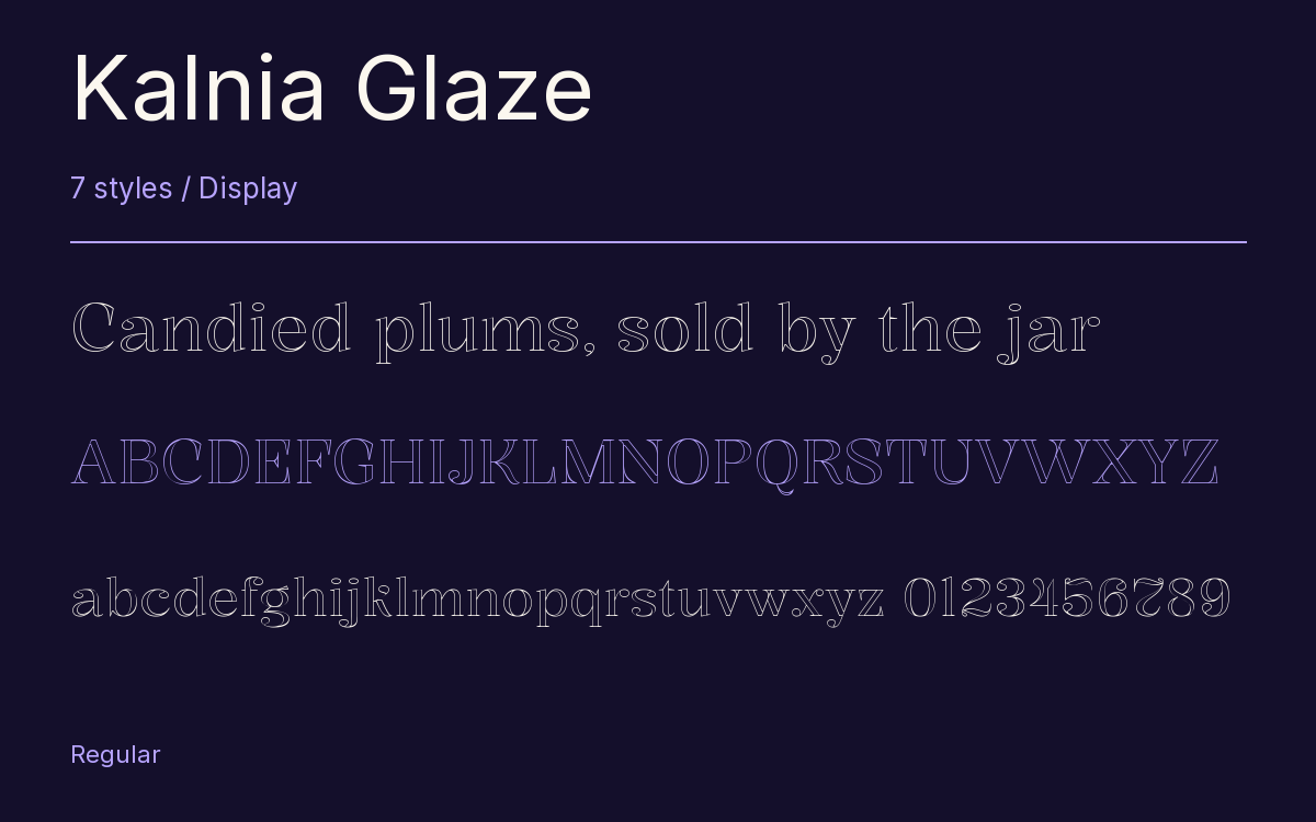 Kalnia Glaze type specimen with letters and figures