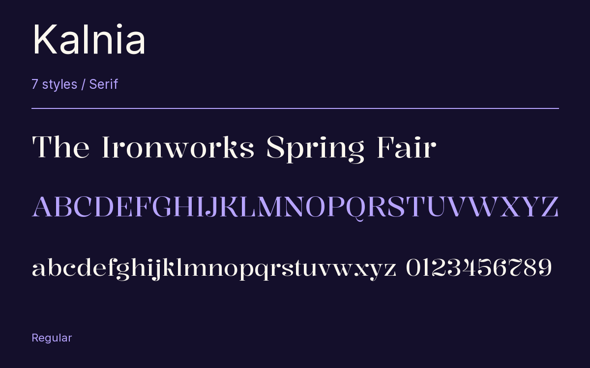 Kalnia type specimen with letters and figures