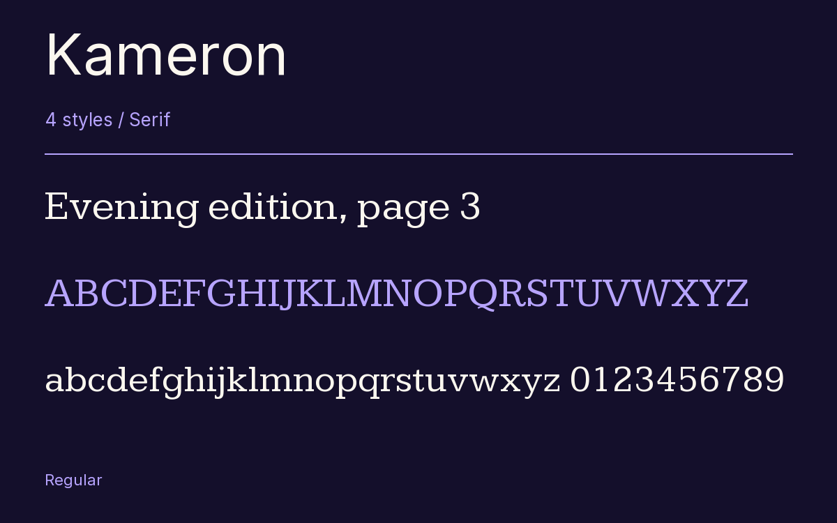 Kameron type specimen with letters and figures