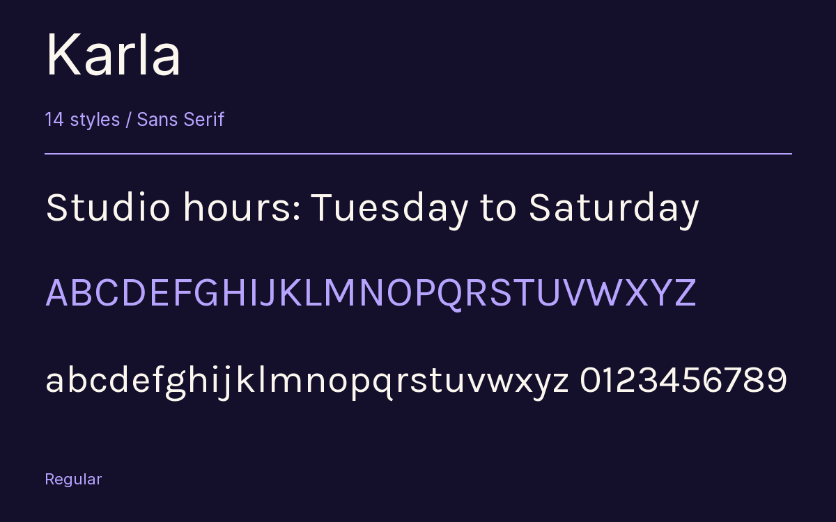 Karla type specimen with letters and figures