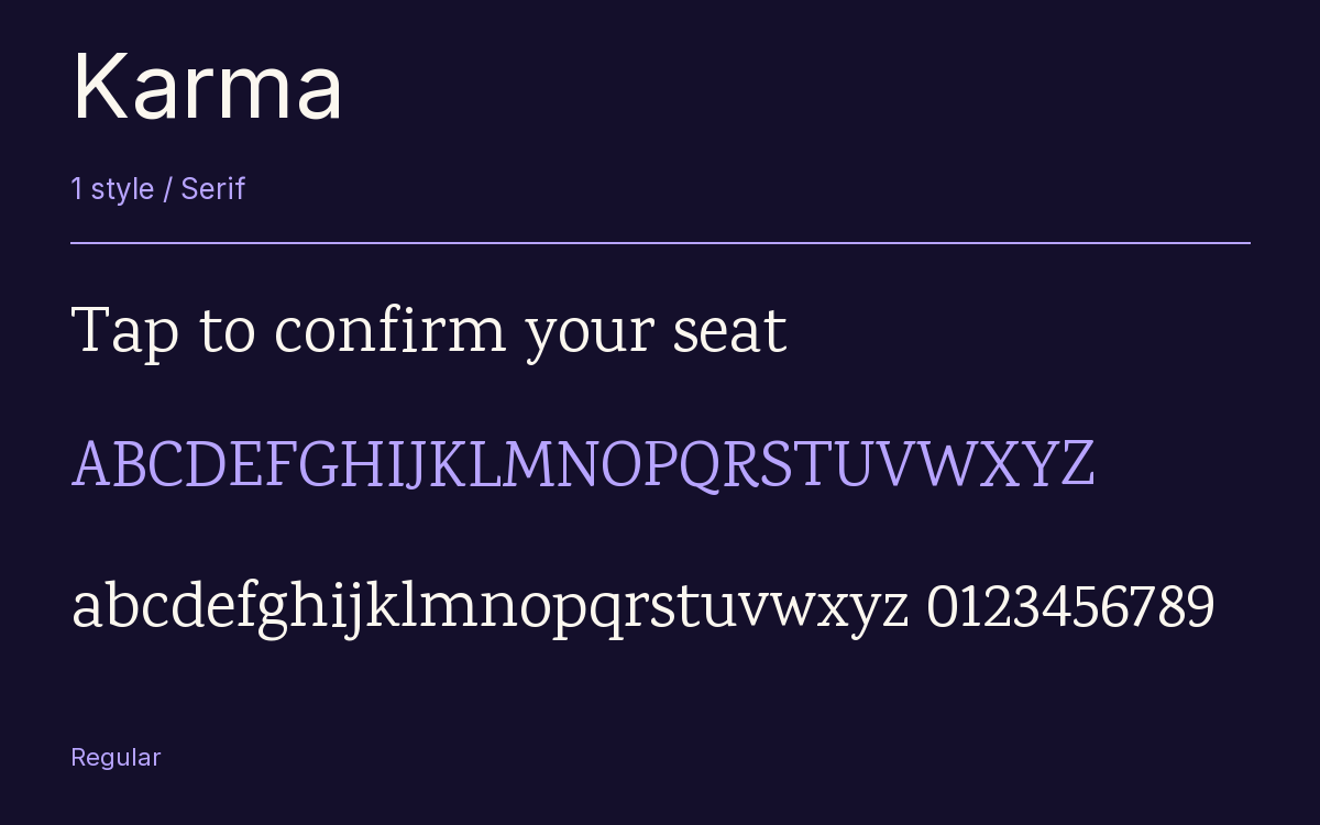 Karma type specimen with letters and figures
