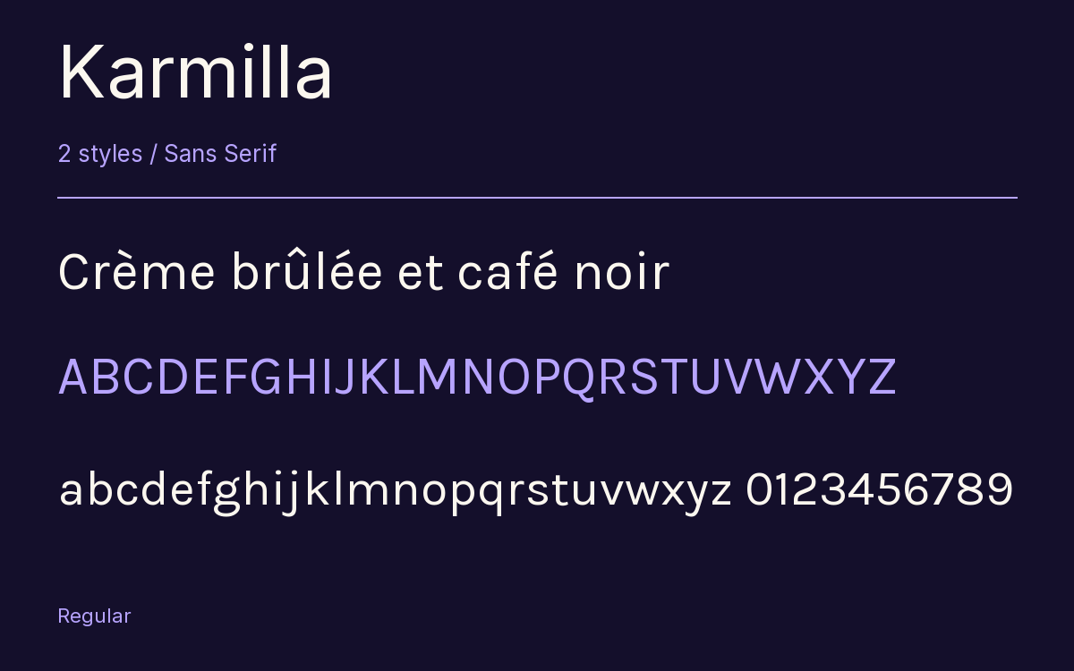 Karmilla type specimen with letters and figures