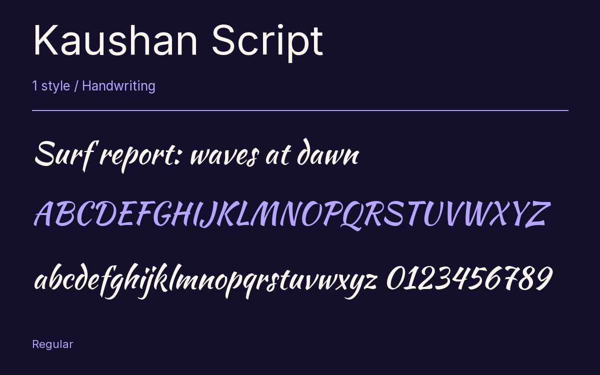Kaushan Script type specimen with letters and figures