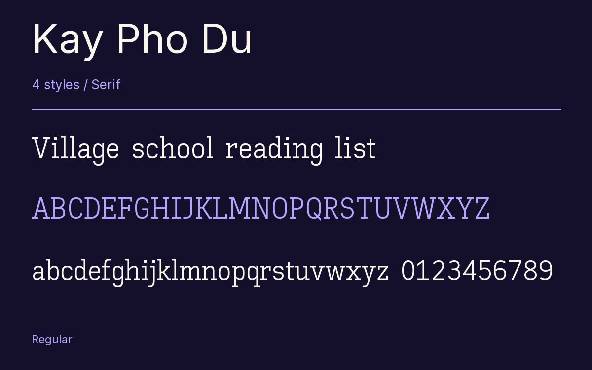 Kay Pho Du type specimen with letters and figures