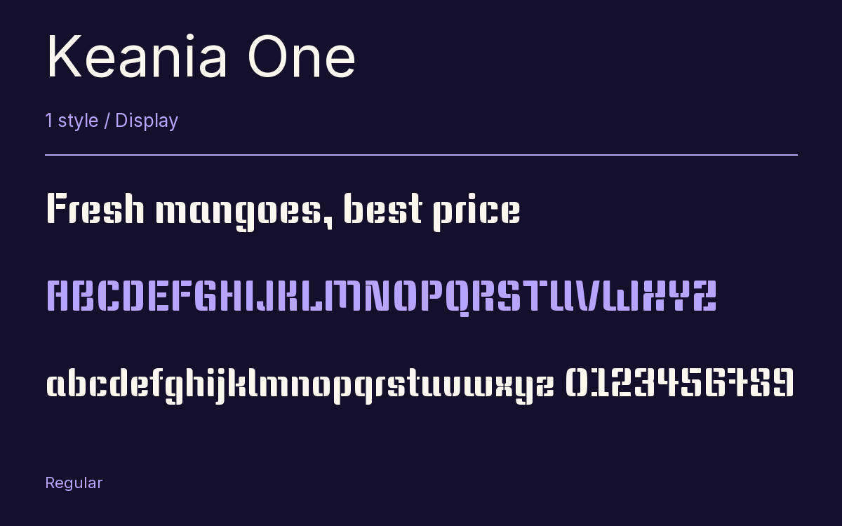 Keania One type specimen with letters and figures
