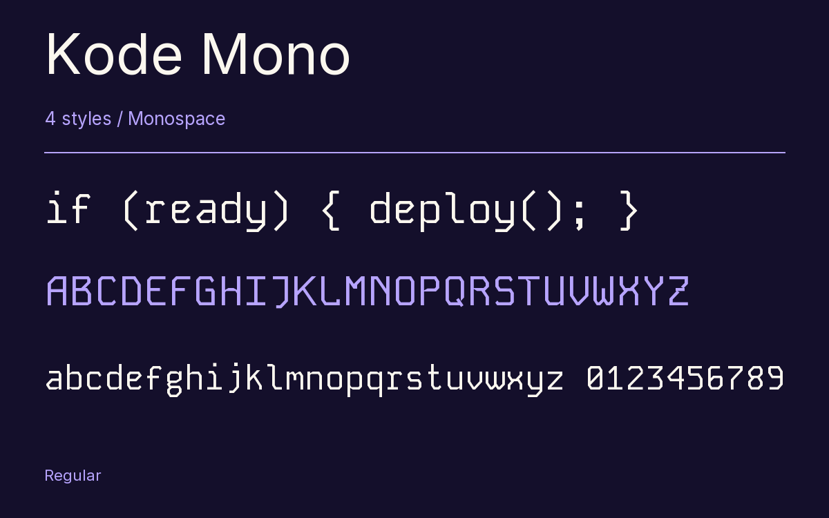 Kode Mono type specimen with letters and figures