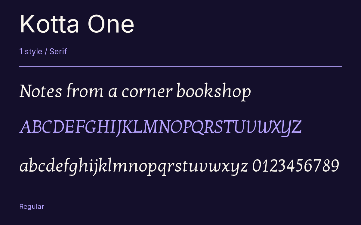 Kotta One type specimen with letters and figures