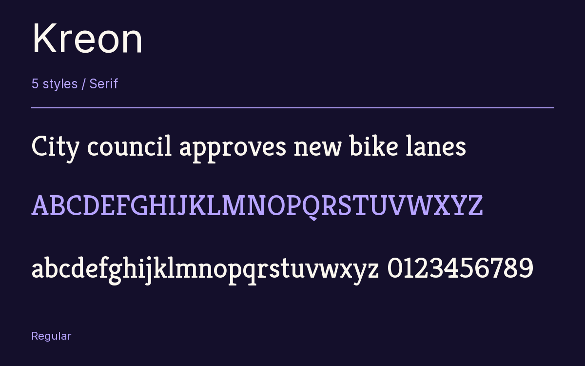 Kreon type specimen with letters and figures