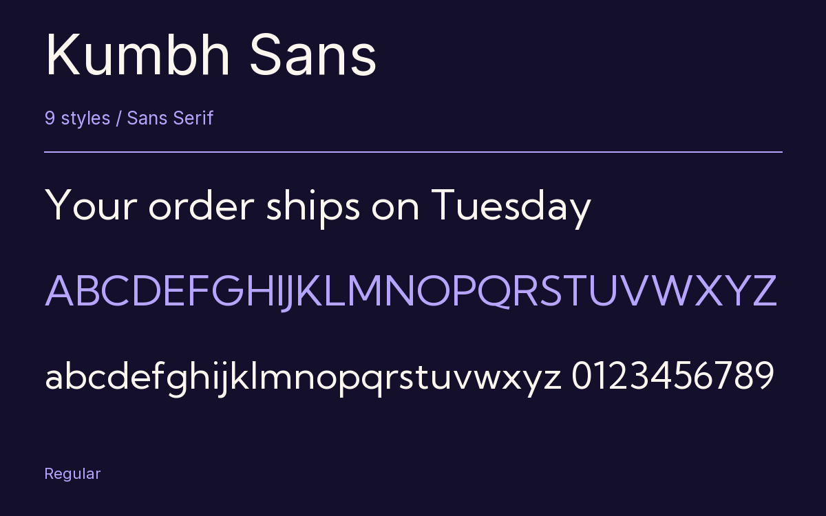 Kumbh Sans type specimen with letters and figures