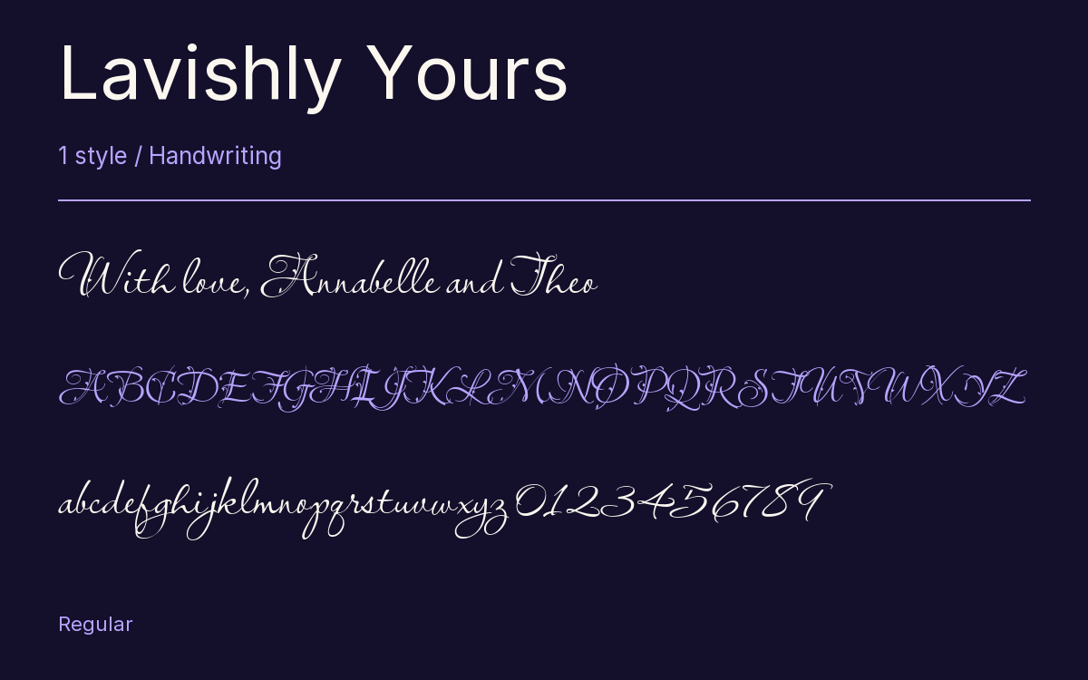 Lavishly Yours type specimen with letters and figures