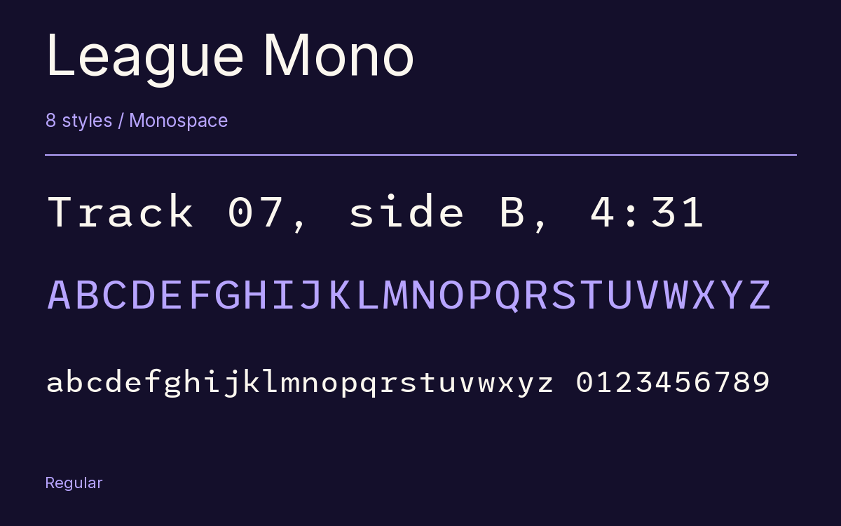 League Mono type specimen with letters and figures