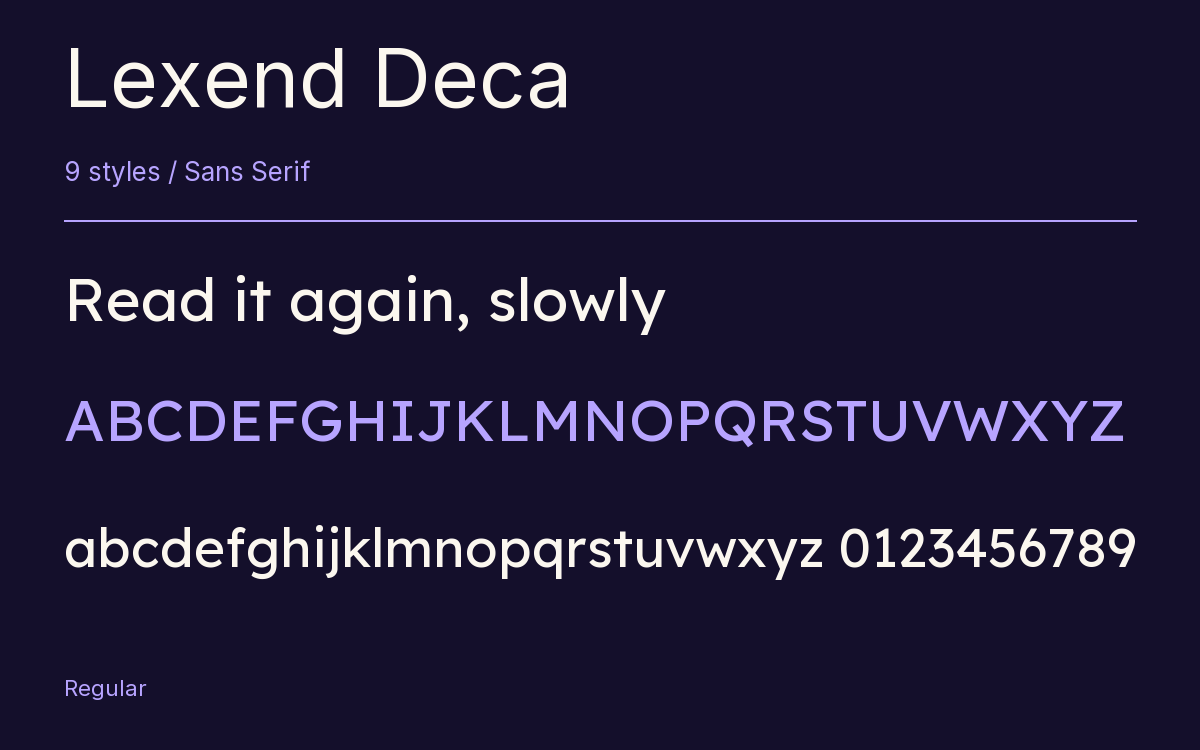 Lexend Deca type specimen with letters and figures